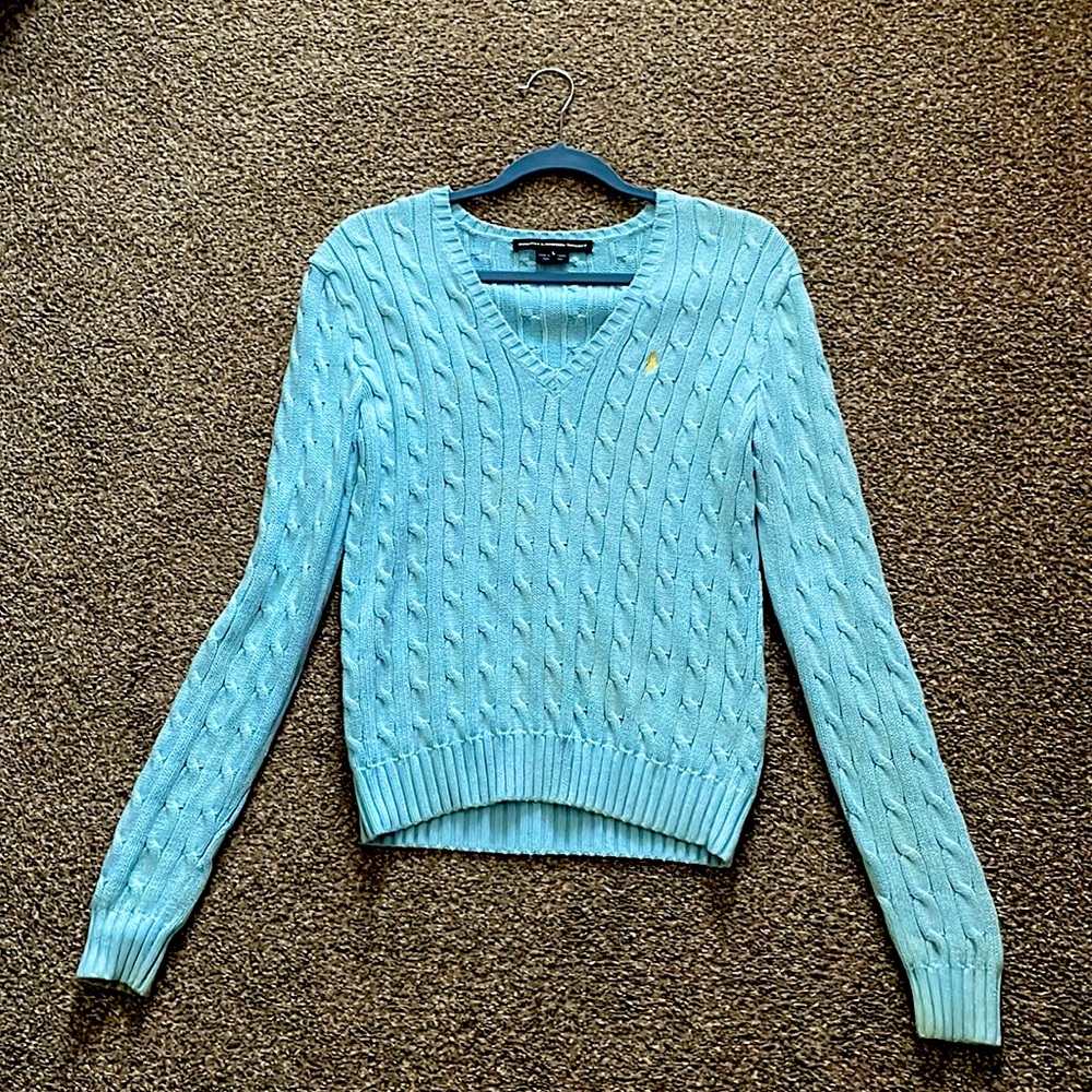 Sky Blue Ralph Lauren Sport Cable Knit V-neck Sweater